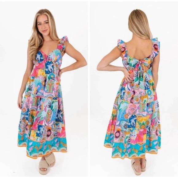 J Marie Dresses & Skirts - J Marie The Sloane Ruffle Strap Tie Midi Dress Ruffle Sleeve Maxi Cats Birds M